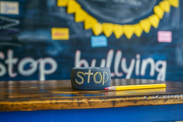 Foto testo stop bullying scritto con il gesso su una lavagna