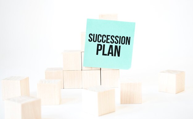 Text SUCCESSION PLAN writing in green card cube ladder. White background. Business concept