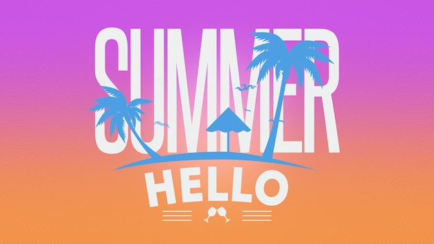 Фото Текст summer hello с птицами и пальмами, фиолетовый летний фон