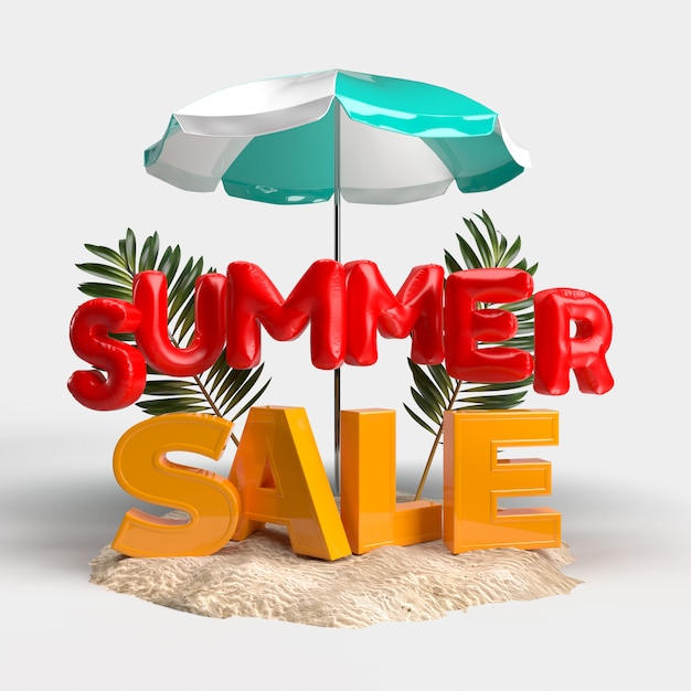 Photo text summer sale on sand with an umbrella