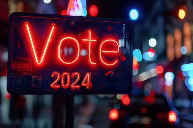 Текст голосовать 2024 с светящимися красными и синими огнями размытый фон