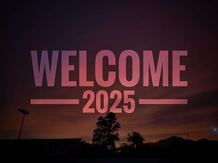 Photo text welcome 2025 with sunset background