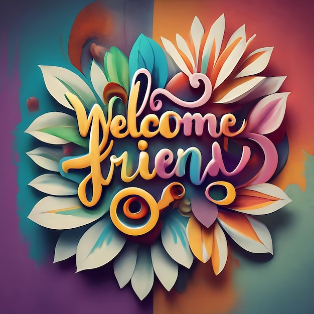 Text Welcome friend logo colorful flowers