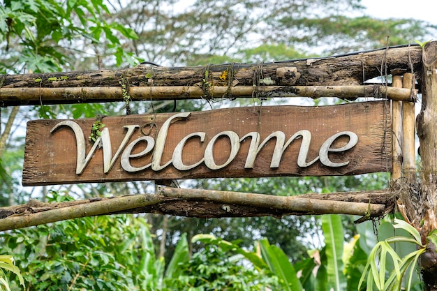 Text welcome on a wooden board in a rainforest jungle of\
tropical bali island indonesia welcome wooden sign inscription in\
the asian tropics closeup