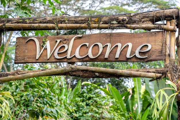 Testo di benvenuto su una tavola di legno in una giungla della foresta pluviale dell'isola tropicale di bali indonesia iscrizione di benvenuto del cartello in legno nel primo piano dei tropici asiatici