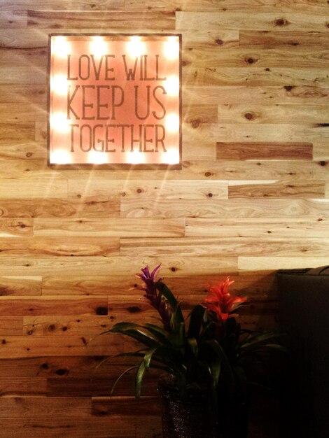 Photo text on wooden wall in cafe