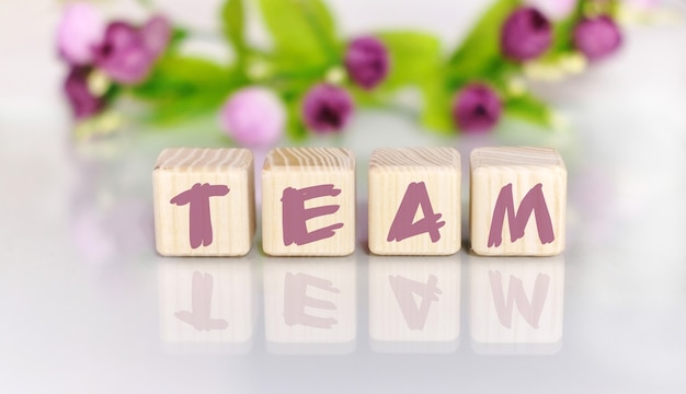 Text of the word TEAM on wooden cubes by light wooden table. Flowers in the background