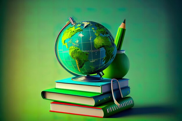 Textbooks globe and pencils on a wooden background Educational background Generative Ai