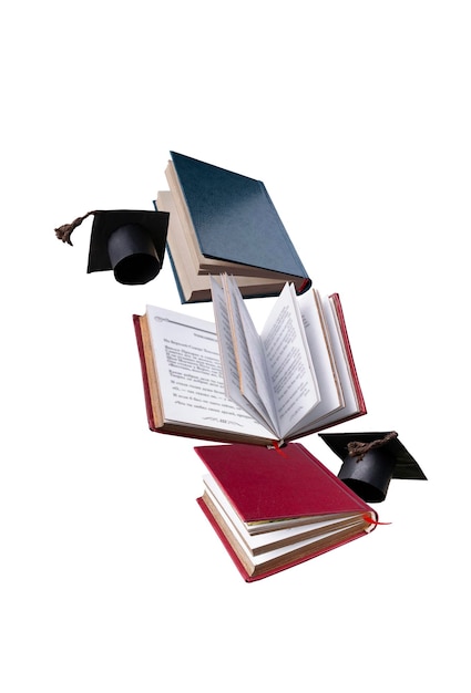 Textbooks and student caps are flying on a white background