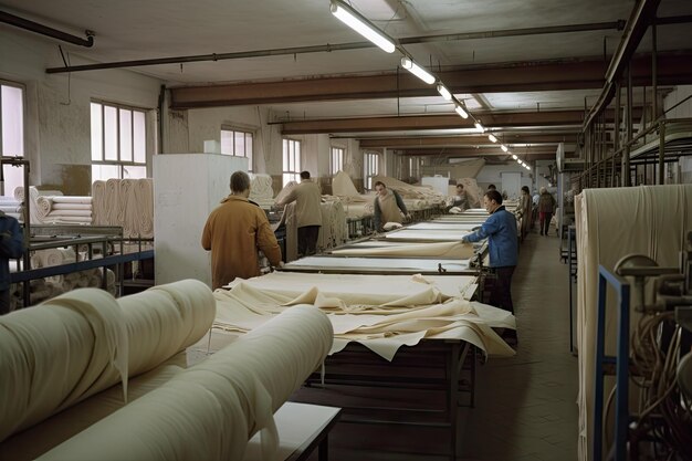 Foto textielfabriek met arbeiders die bundels stof klaarmaken voor verzending gemaakt met generatieve ai