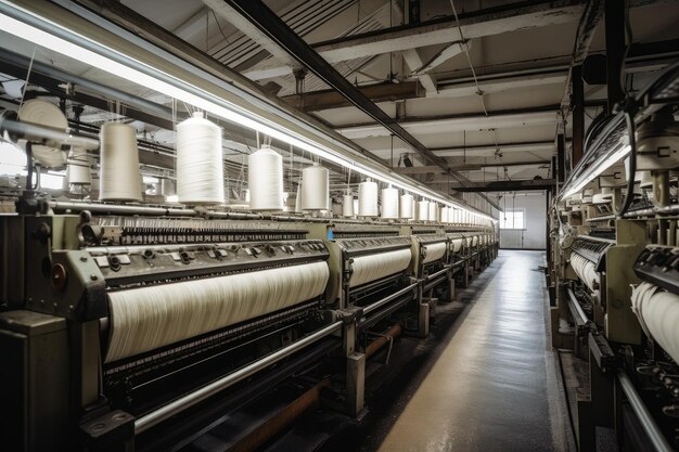 Textielfabriek met rijen machines die hoogwaardige stoffen produceren, gemaakt met generatieve AI