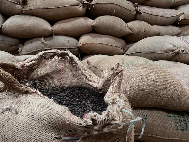 Textile bag filled with roasted coffee beans waiting to be sold Sidama Ethipoia