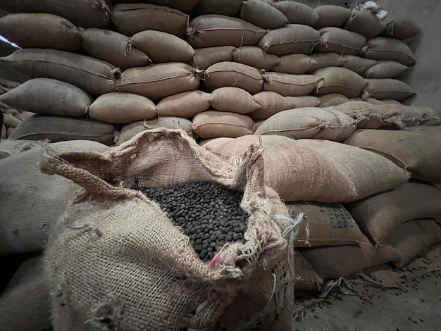 Textile bag filled with roasted coffee beans waiting to be sold Sidama Ethipoia