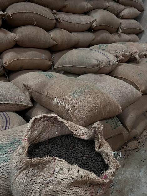 Textile bag filled with roasted coffee beans waiting to be sold Sidama Ethipoia