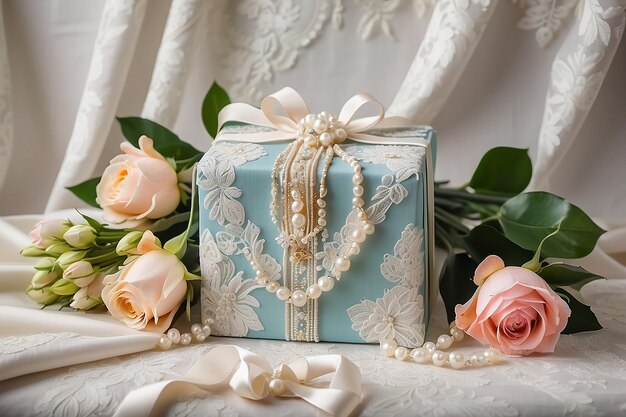 Foto textile bruiloft achtergrond kaart parels bloem en geschenk