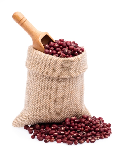 Textile-burlap sack of red beans isolated on white background