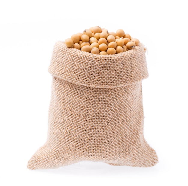 Textile-burlap sack of soybean isolated on white background