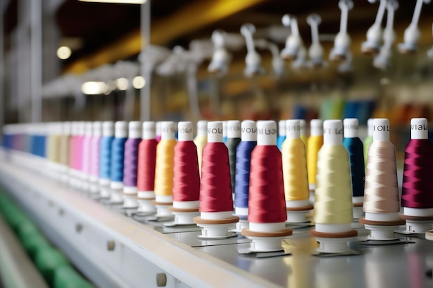 Photo textile cloth factory industry with embroidery machine knitting or spinning sewing thread company