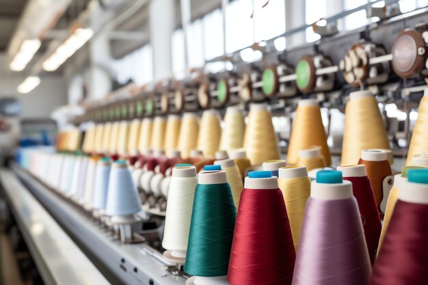 Photo textile cloth factory industry with embroidery machine knitting or spinning sewing thread company