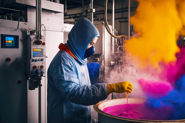 Textile dyeing factory worker in protective suit mixes colors for print