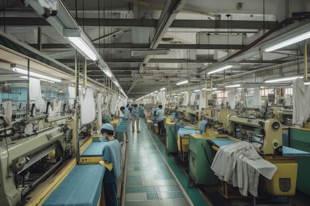 Textile factory with machines and workers creating various fabrics created with generative ai