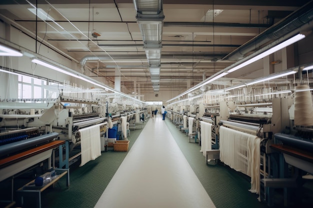 Textile factory with machines and workers producing highquality products created with generative ai