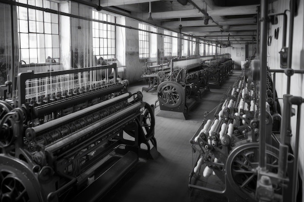 Textile factory with mechanical looms and spinning wheels in motion created with generative ai