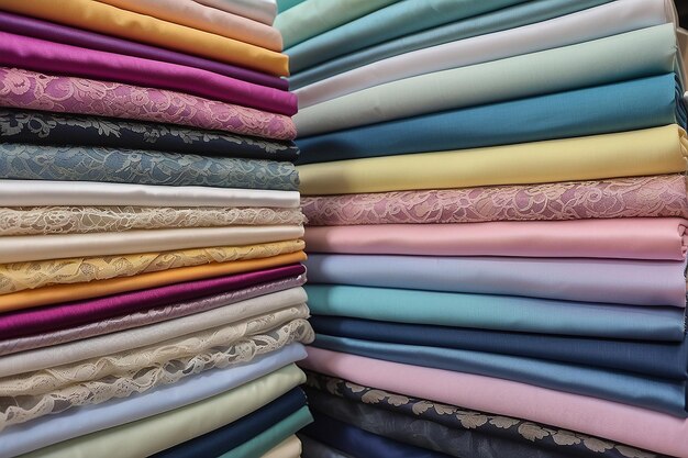維店では色々な色の織物や様々な素材があります例えば織物レイスサチンリネン 裁縫の概念色織物 服ファッションなどです