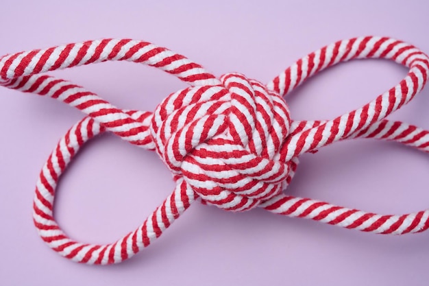 Textile toy rope for playing with animals on a purple background top view