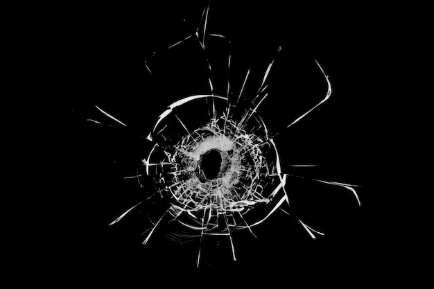 Photo texture of broken glass. hole from a ball on a black background.