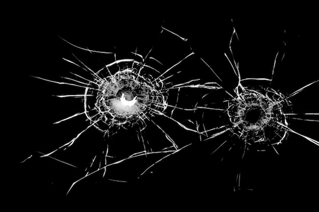 Texture of broken glass Hole from a ball on a black background