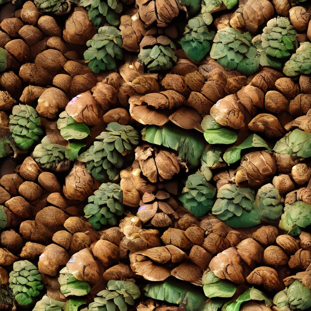 A texture of brown and green pine cones that are