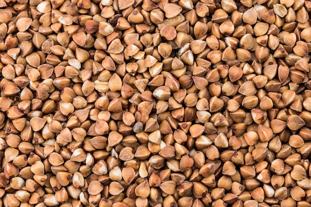 Texture buckwheat groats close-up. Pile of buckwheat groats, top view