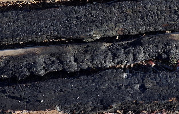 Texture of charred boards black coal closeup