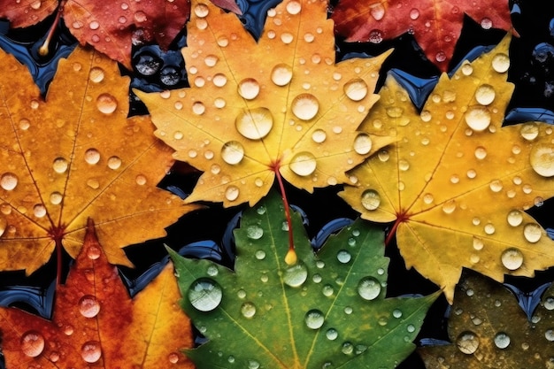 Texture of colorful maple leaves with raindrops