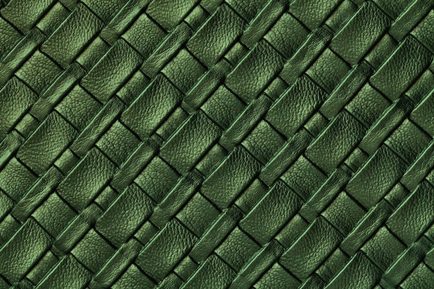 Photo texture of dark green leather background with wicker pattern