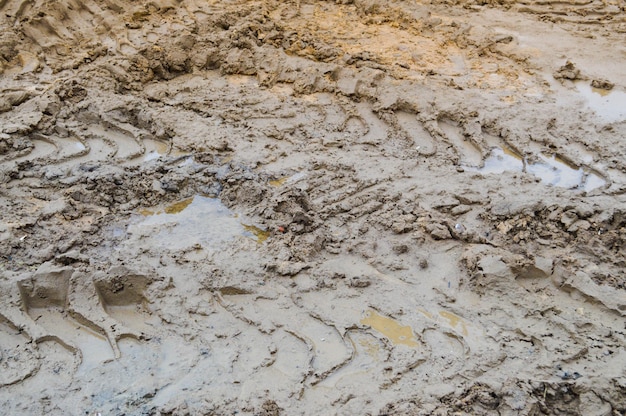 Texture of a dirty bad dirt road dirt road with puddles and clay drying mud with cracks and ruts