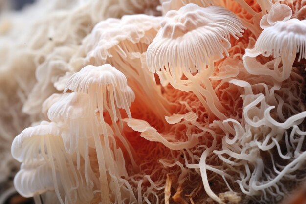 자연색으로 된 Fungus mycelium의 질감 버섯 배경