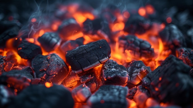 暖かくて快適な輝きを放つ火の穴でゆっくりと燃える輝く石炭の質感