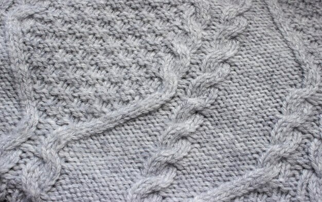 Texture of gray knitted sweater with braids