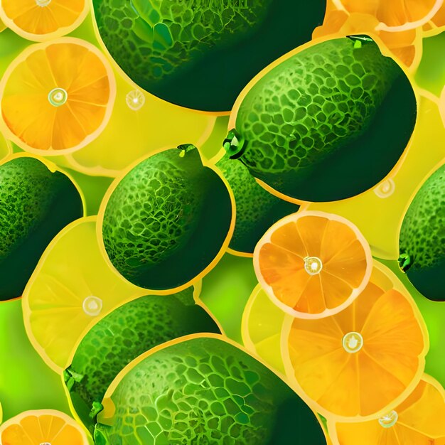 A texture of green and yellow citrus fruits that are