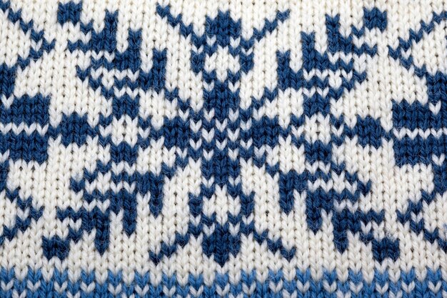 The texture of a knitted woolen fabric blue with a Norwegian pattern Background