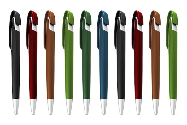 Texture of multi-colored ballpoint pens on an isolated white background
