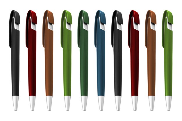 Texture of multi-colored ballpoint pens on an isolated white background