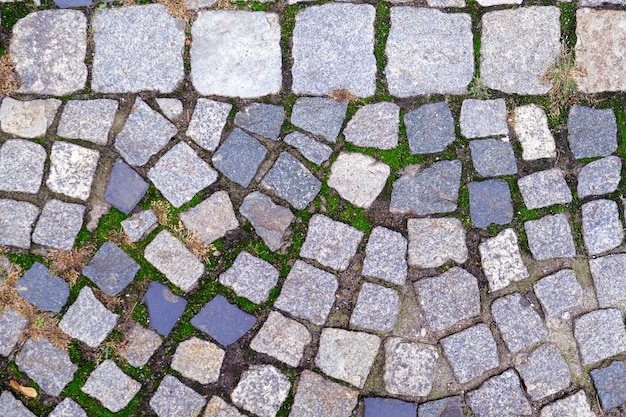 Texture of old Cobbled Pavement close-up. Abstract Stone Background.	