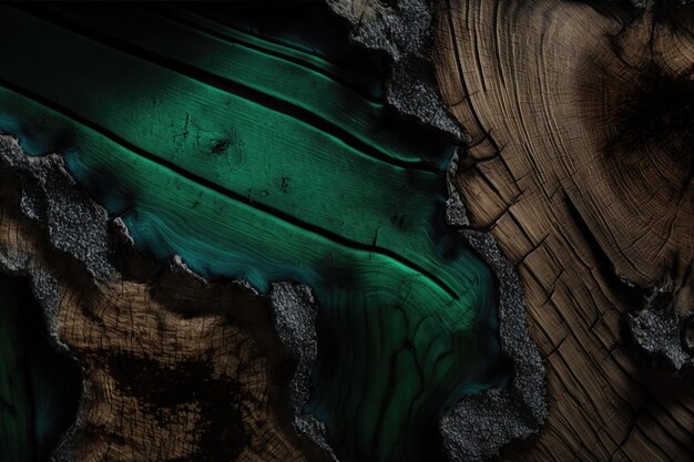 Texture of old dark wood with stain and emerald epoxy in cracks AI generation