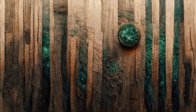 Texture of old dark wood with stain and emerald epoxy in cracks Beautiful modern wooden background with resin 3D illustration