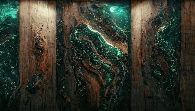 Texture of old dark wood with stain and emerald epoxy in cracks Beautiful modern wooden background with resin 3D illustration