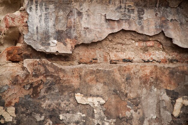 Texture of an old ragged wall Background of old bricks and cracks in plaster Yellow and brown tones