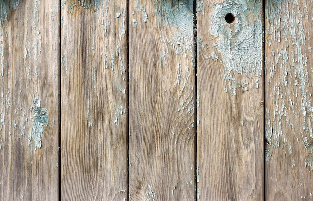 The texture of an old weathered wooden wall with remnants of blue paint Wooden background with a space to copy